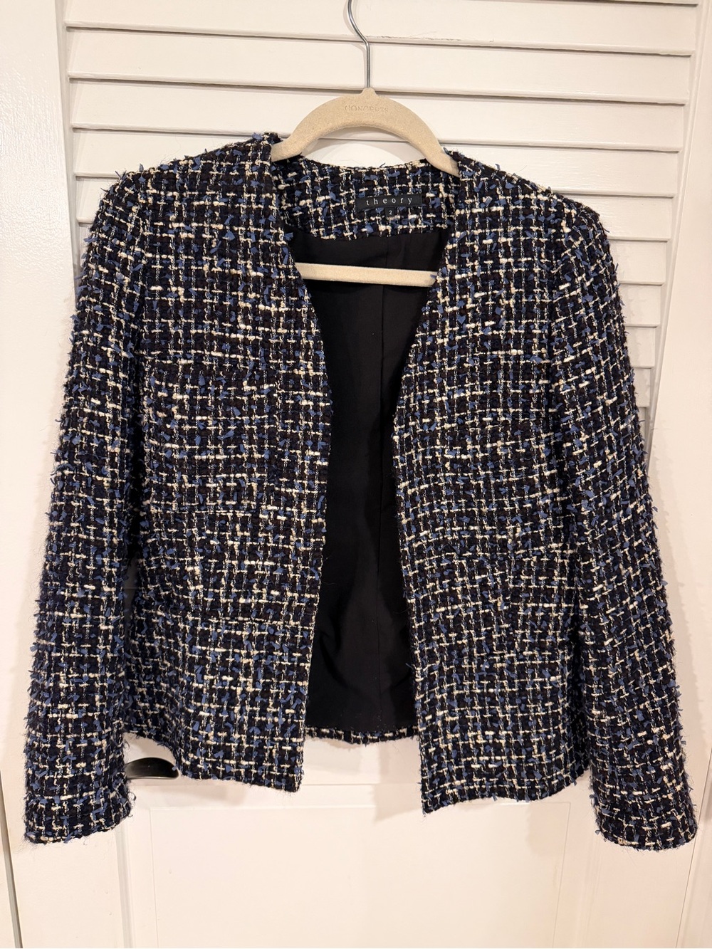 Theory Navy, Black & White Tweed Open Jacket